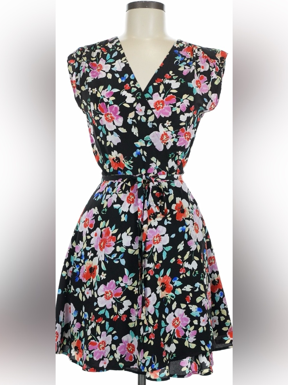 Yumi Kim Soho Mixer Silk Black Floral Wrap Mini Dress Sz M View 2